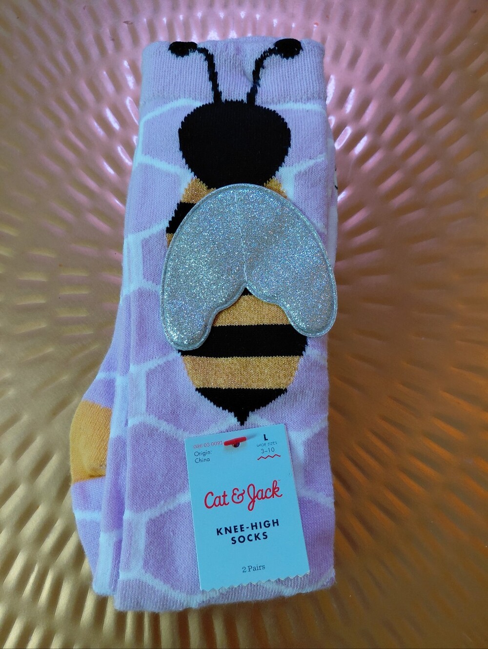 Cat & Jack Pink Bee Knee-High Socks with Sparkly Silver Wings. NWT Size L